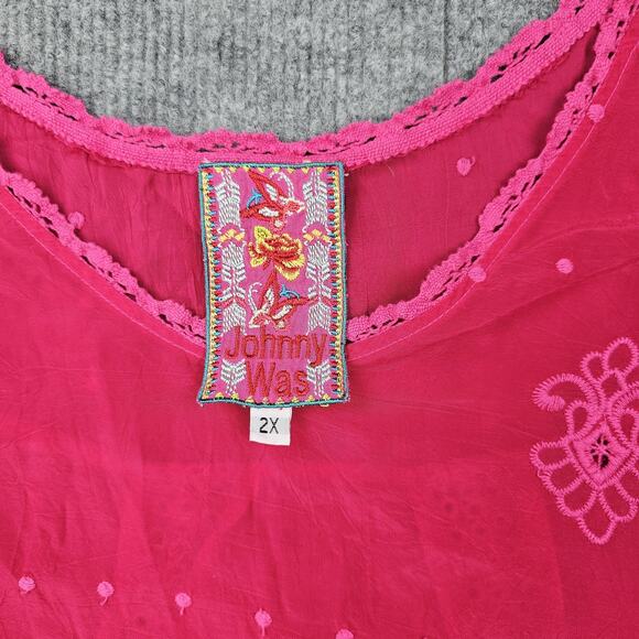 Johnny Was Blouse Womens 2X Pink Embroidered Eyelet Boho Tunic Colorful Coastal - Picture 4 of 8